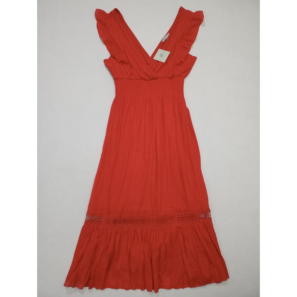 NWT J Gee Maxi Dress Womens L Coral Red Lace Trim Surplice Neck Smocked Ruffle